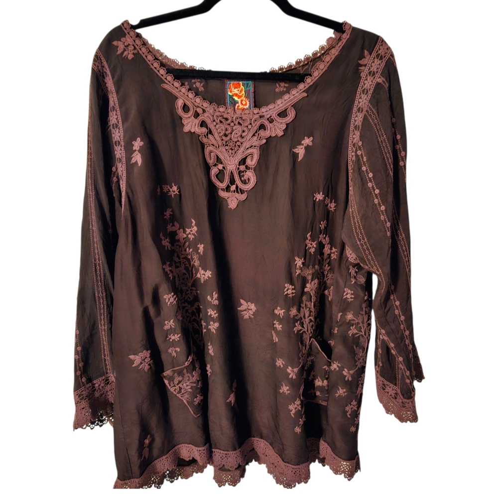 Johnny Was embroidered purple long sleeve tunic top women's Boho XL